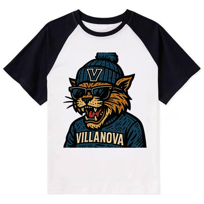 Villanova Wildcat wearing Villanova beanie with V patch - Contrast Raglan T-shirt - Black