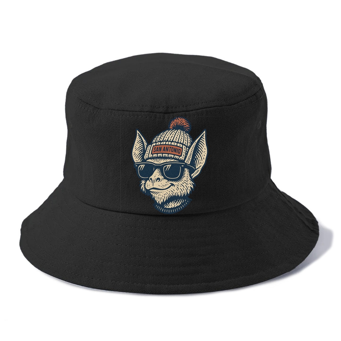 San Antonio Bat wearing San Antonio beanie with pom pom and wayfarer sunglasses - Bucket Hat - Black