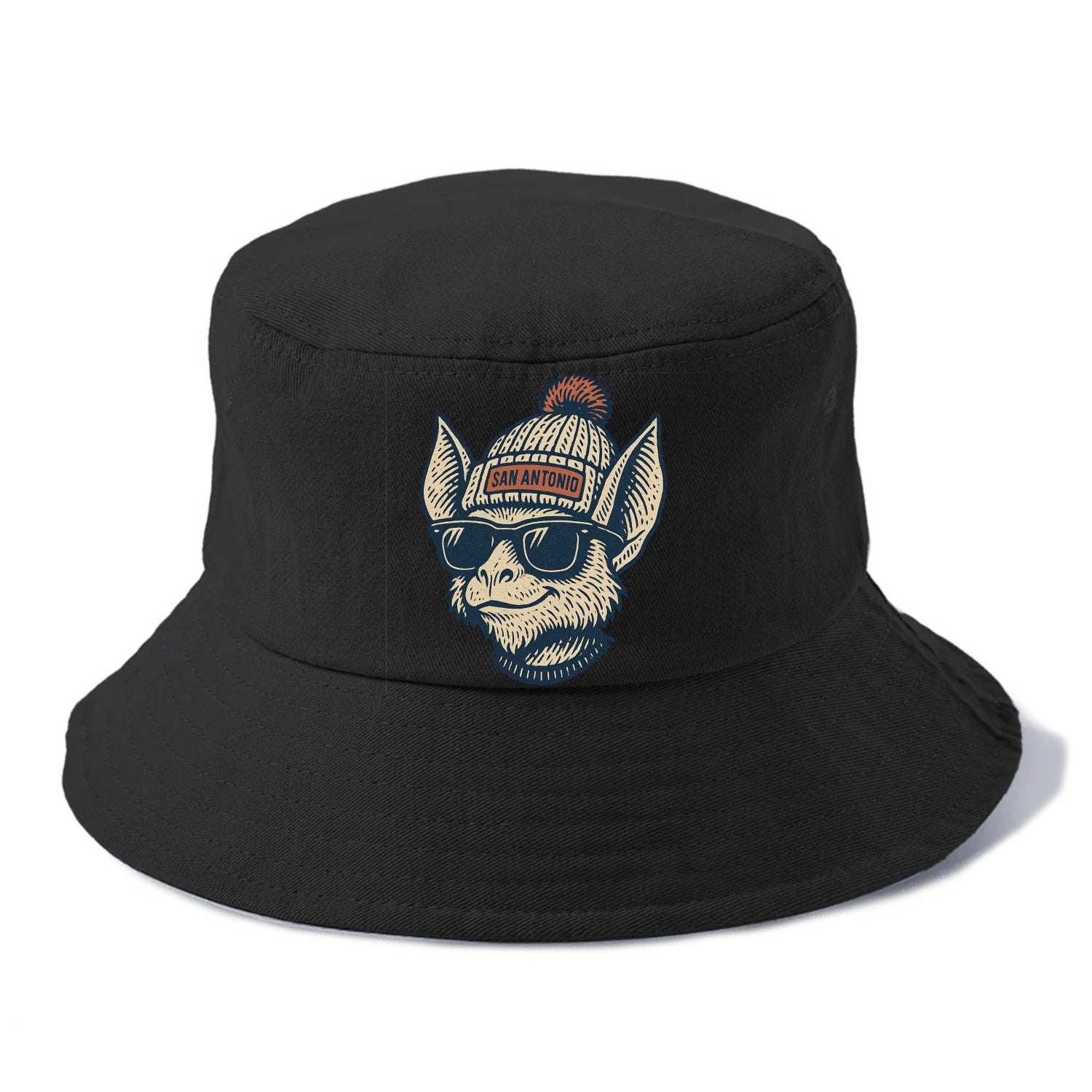 San Antonio Bat wearing San Antonio beanie with pom pom and wayfarer sunglasses - Bucket Hat - Black