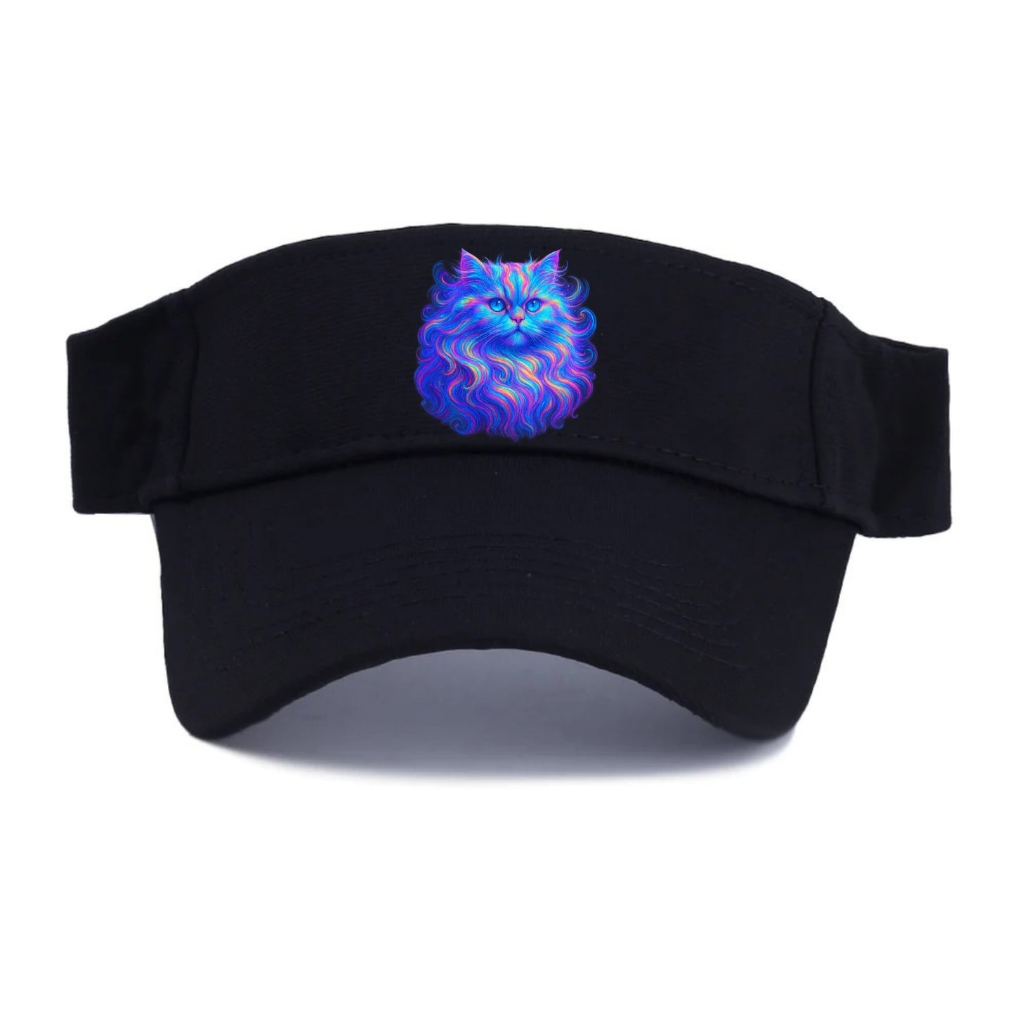 Luxurious Persian cat with flowing fur that refracts into rainbow prisms, soft pastel neon - Visor - Black