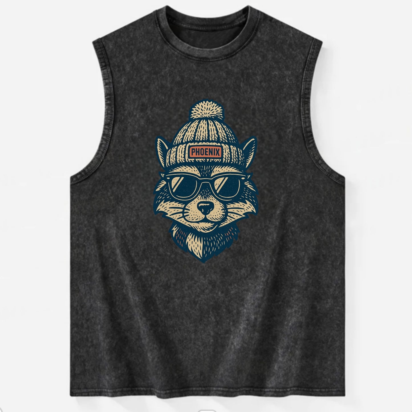 Arizona Ringtail wearing Phoenix beanie with pom pom and wayfarer sunglasses - Vintage Washed Tank - Black
