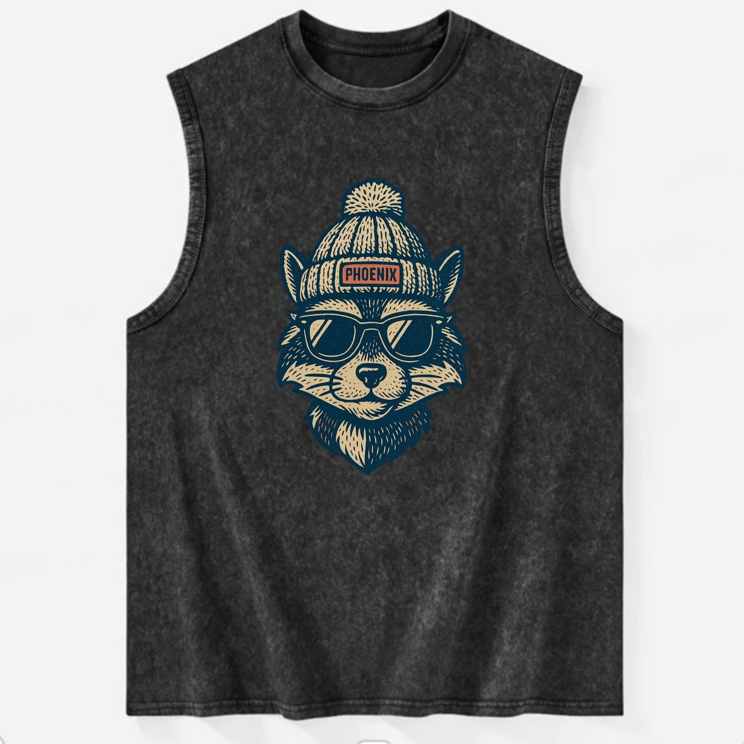 Arizona Ringtail wearing Phoenix beanie with pom pom and wayfarer sunglasses - Vintage Washed Tank - Black