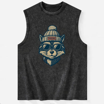 Arizona Ringtail wearing Phoenix beanie with pom pom and wayfarer sunglasses - Vintage Washed Tank - Black