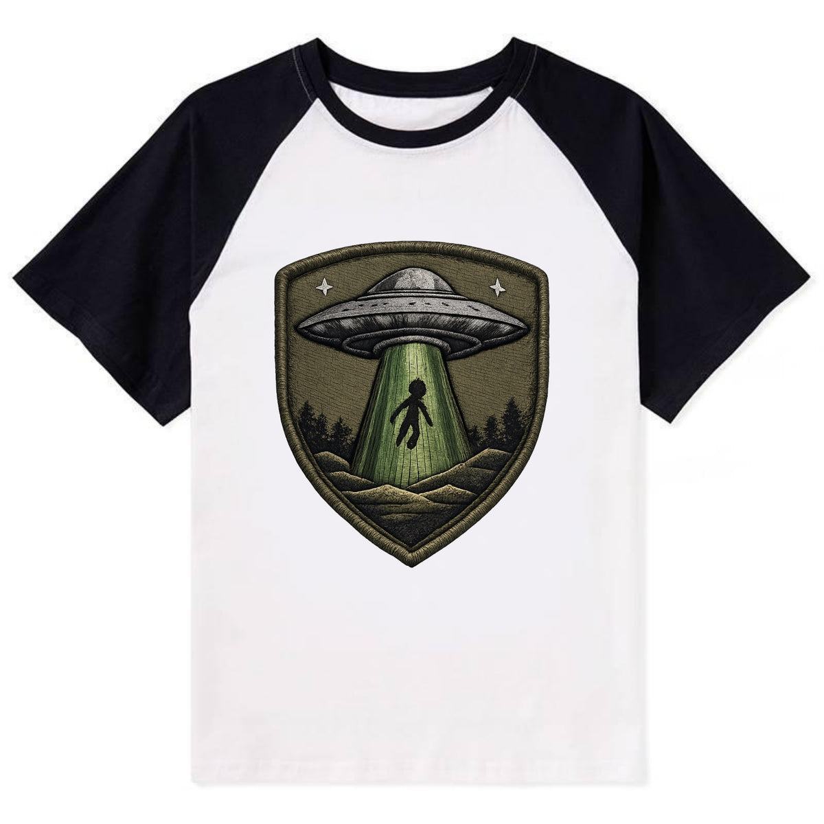 UFO ALIEN - flying saucer with beam in silver and green , extraterrestrial - Contrast Raglan T-shirt - Black