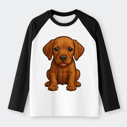 Baby Vizsla Puppy - golden rust coat, soulful eyes, athletic build, - Raglan Long Sleeve T-Shirt - Black