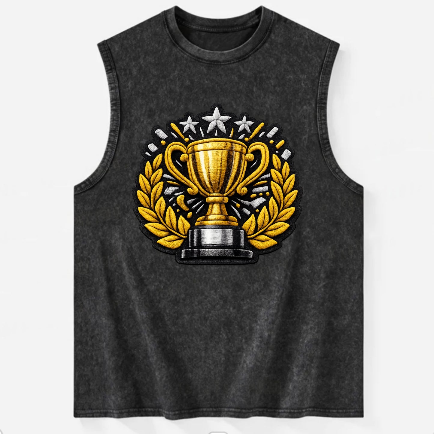 Embroidered patch design - CHAMPIONSHIP TROPHY - golden trophy cup with - Vintage Washed Tank - Black