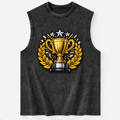 Embroidered patch design - CHAMPIONSHIP TROPHY - golden trophy cup with - Vintage Washed Tank - Black
