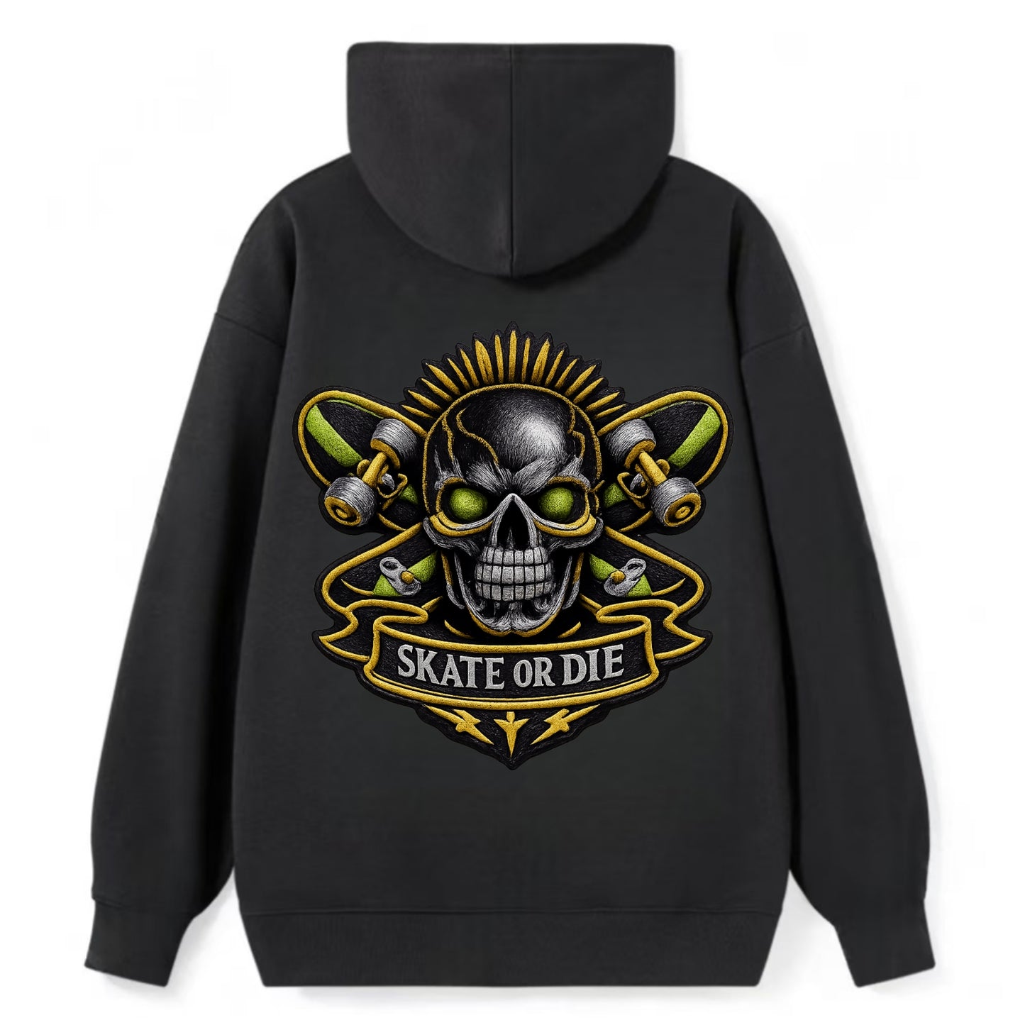 SKATEBOARD SKULL - skull with skateboard in black and neon green , - Classic Pullover Hoodie - Black
