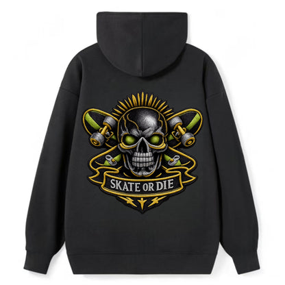 SKATEBOARD SKULL - skull with skateboard in black and neon green , - Classic Pullover Hoodie - Black