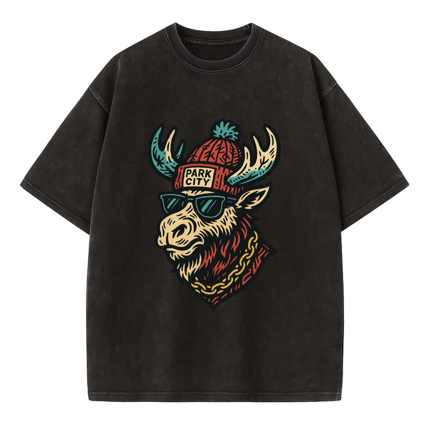 Park City Moose wearing Park City beanie with pom pom and wayfarer sunglasses - Vintage T-shirt - Black