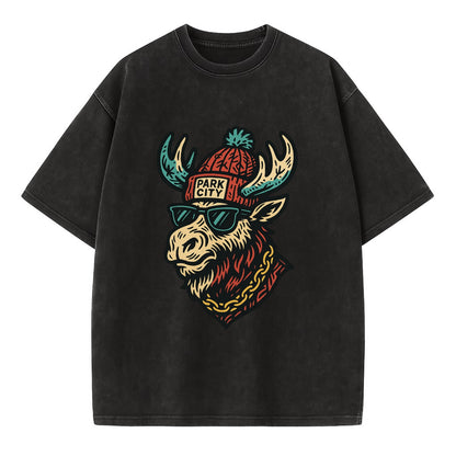 Park City Moose wearing Park City beanie with pom pom and wayfarer sunglasses - Vintage T-shirt - Black
