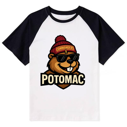 Potomac Beaver wearing Commanders beanie with monument patch and wayfarer - Contrast Raglan T-shirt - Black