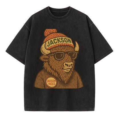 Jackson Hole Bison wearing Jackson beanie with pom pom and wayfarer sunglasses - Vintage T-shirt - Black