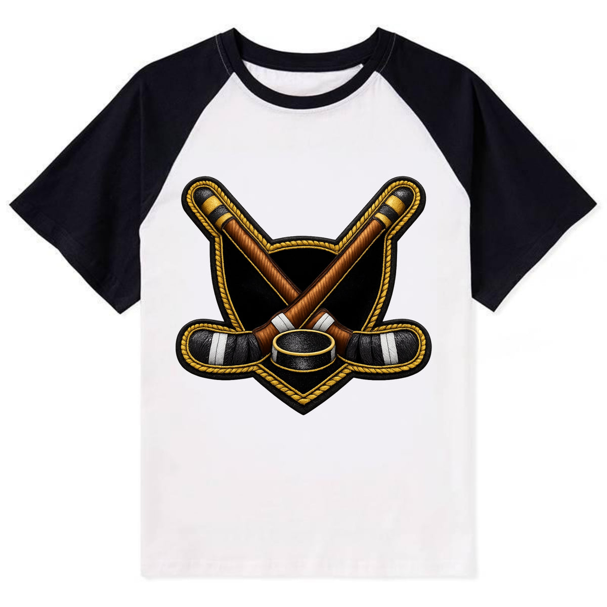 Embroidered patch design - HOCKEY CROSSED STICKS - ice hockey sticks with - Contrast Raglan T-shirt - Black