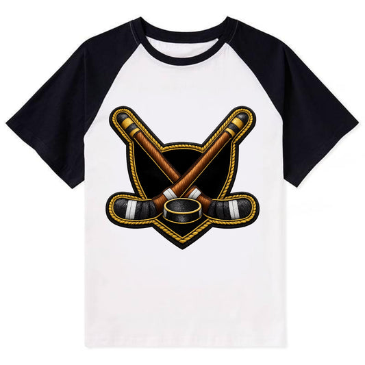 Embroidered patch design - HOCKEY CROSSED STICKS - ice hockey sticks with - Contrast Raglan T-shirt - Black