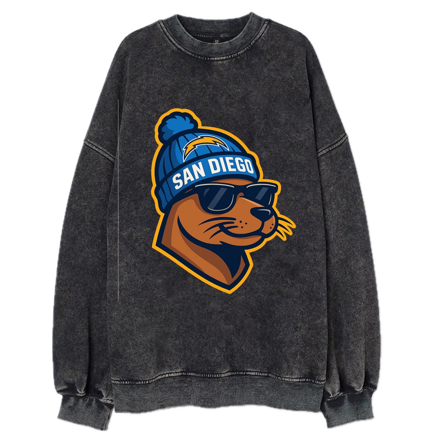 San Diego Sea Lion wearing Chargers beanie with bolt patch and wayfarer - Vintage Sweatshirt - Black