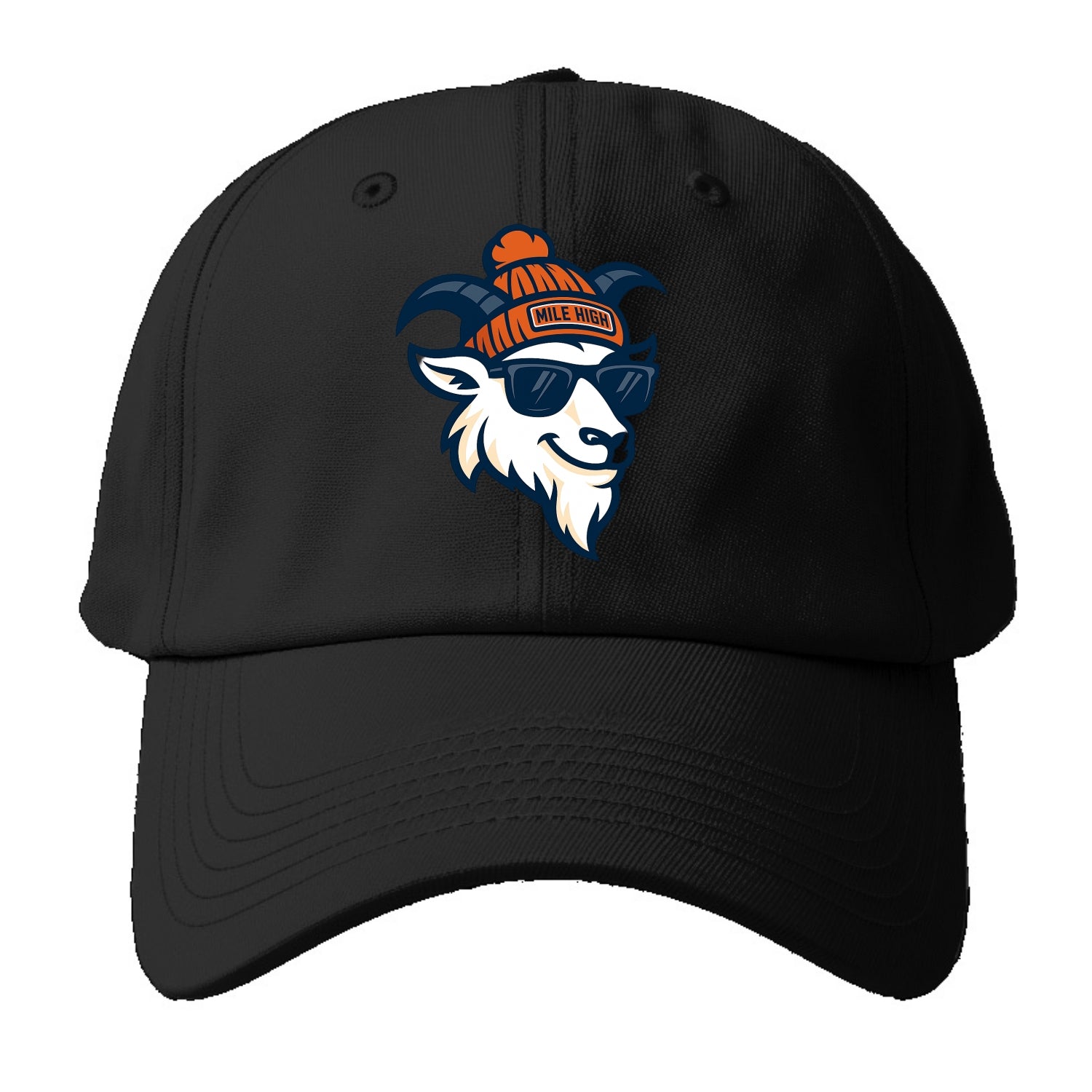 Denver Mountain Goat wearing Broncos beanie with Mile High patch and wayfarer - Baseball Cap - Black