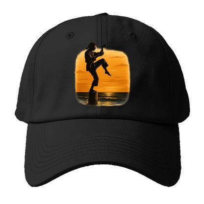 karate crane kick pose on wooden post at beach sunset - Baseball Cap - Black