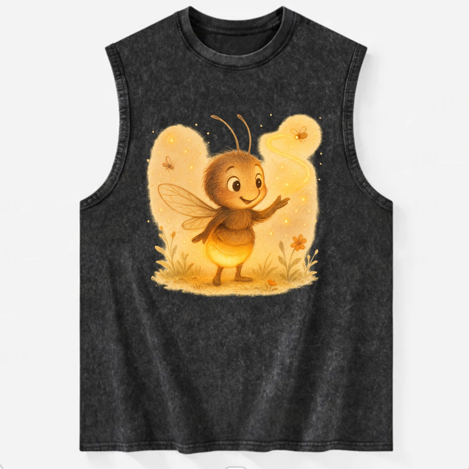 Firefly choreographer arranging synchronized light patterns over a meadow - Vintage Washed Tank - Black