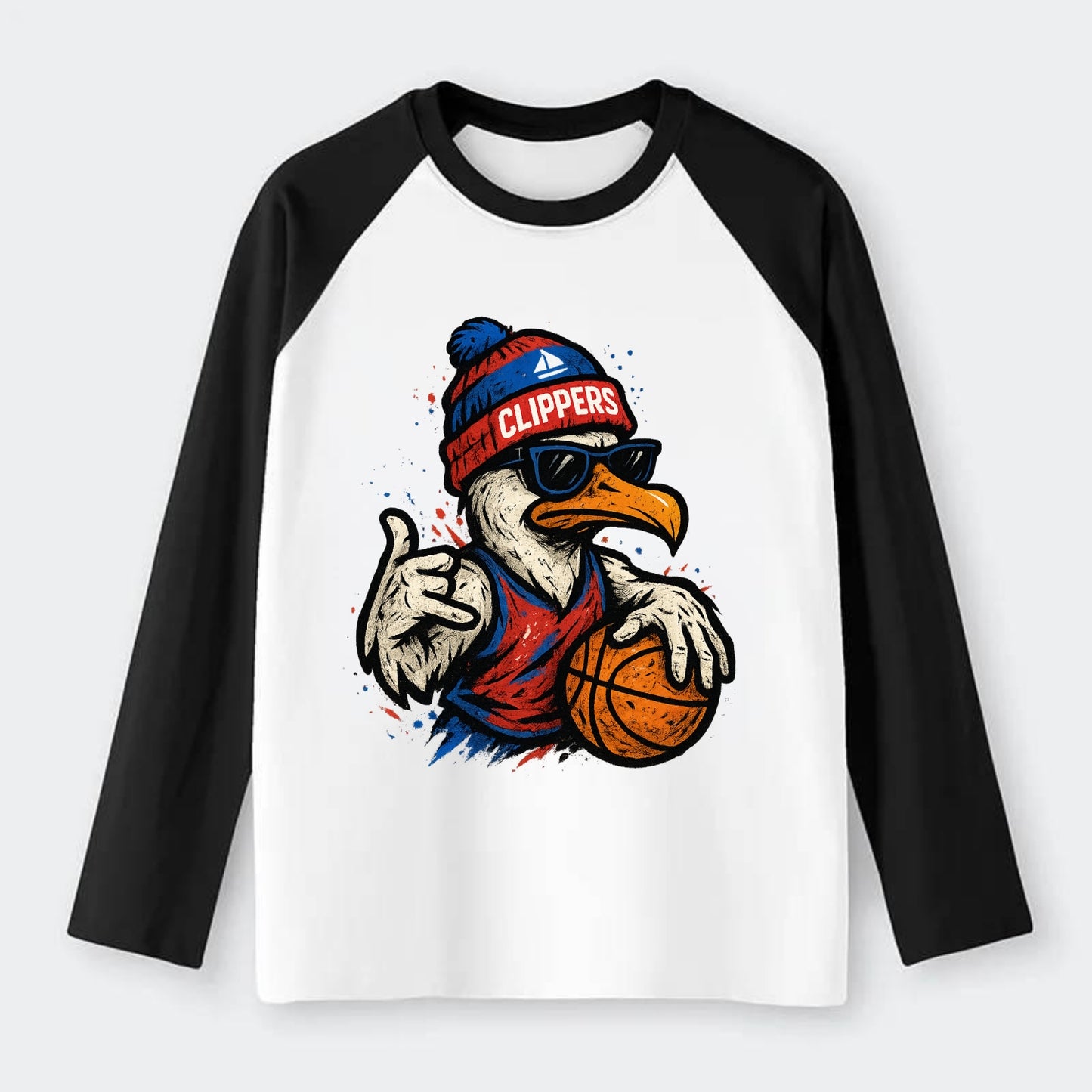 LA Seagull wearing Clippers red white and blue beanie with ship patch - Raglan Long Sleeve T-Shirt - Black