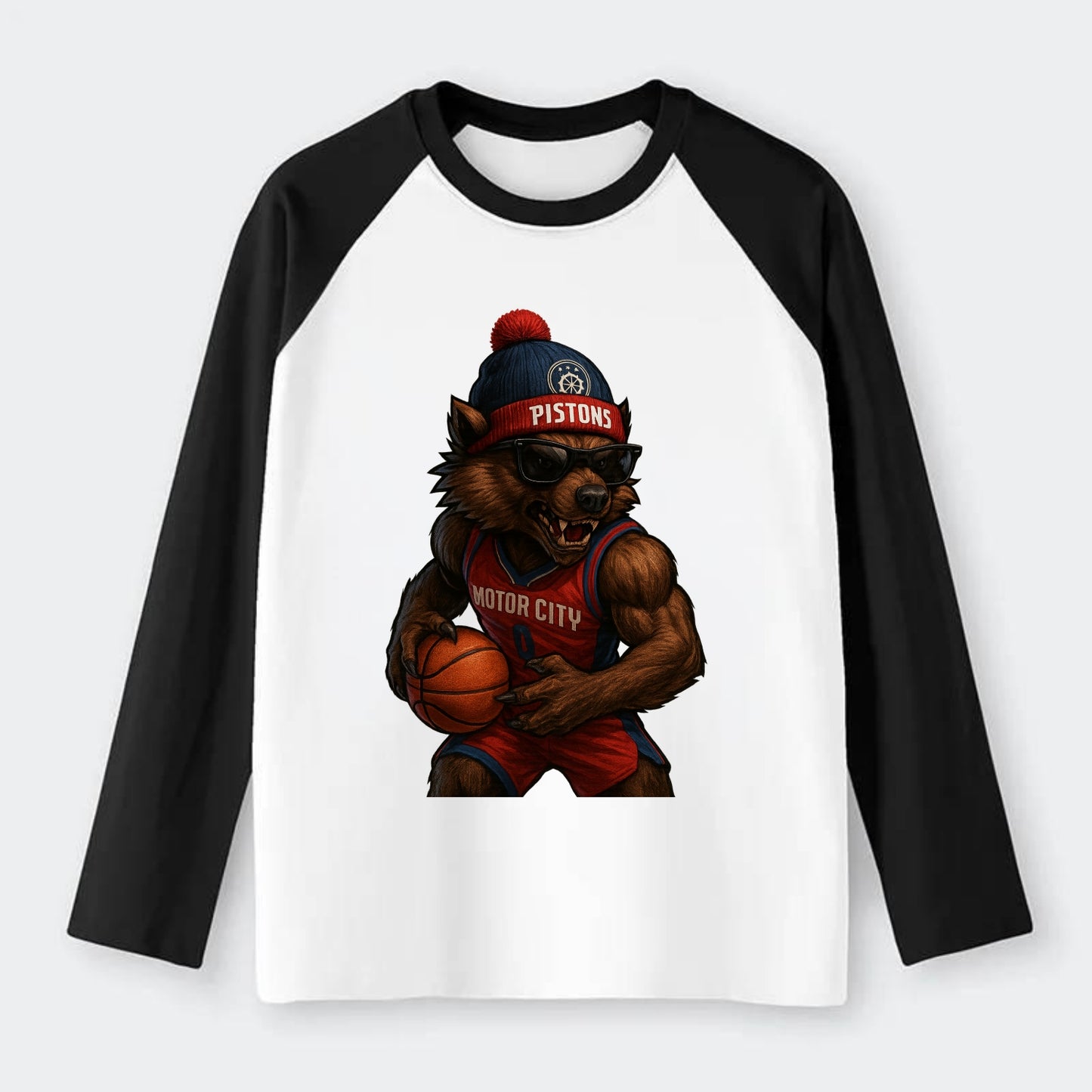Motor City Wolverine wearing Pistons beanie with gear patch and - Raglan Long Sleeve T-Shirt - Black