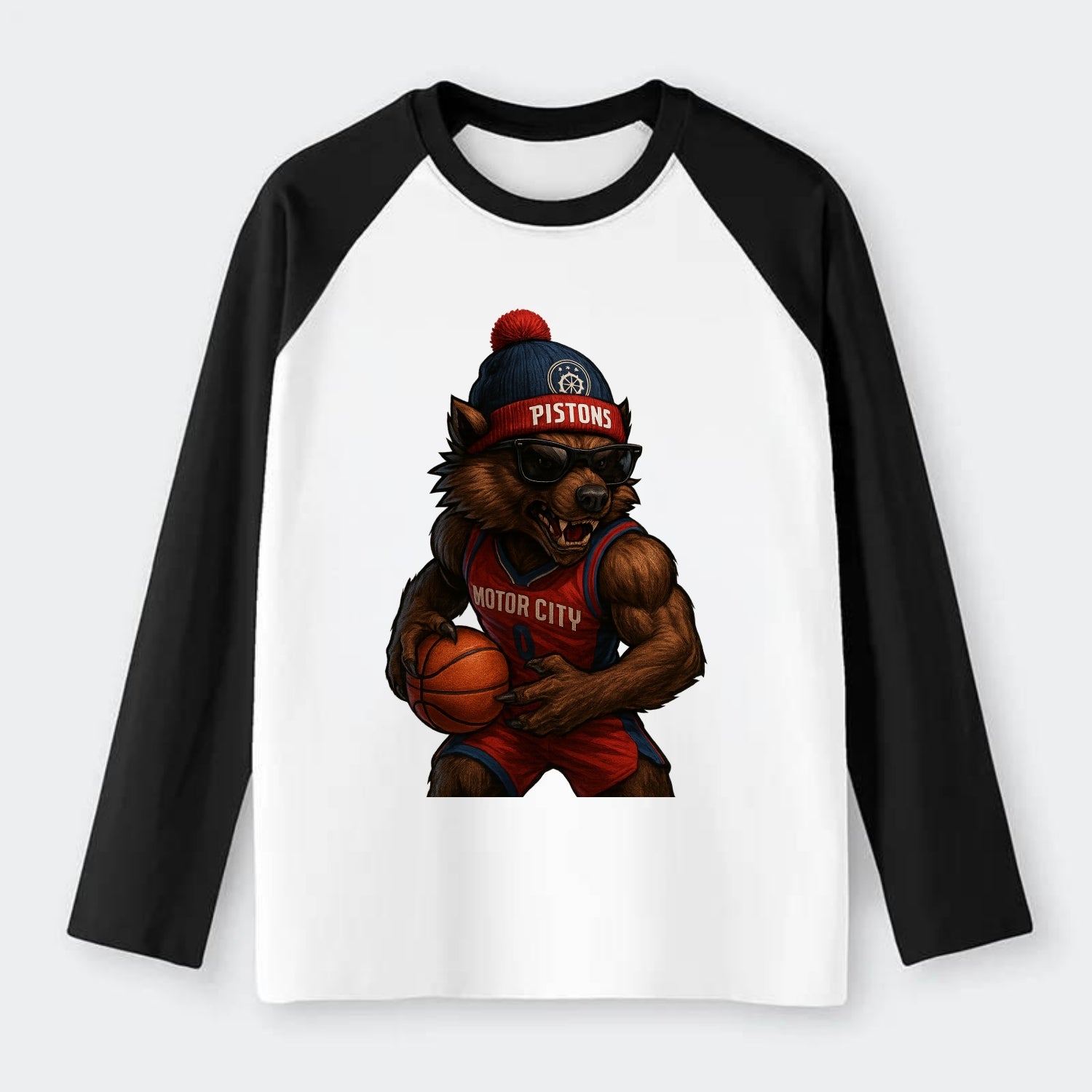 Motor City Wolverine wearing Pistons beanie with gear patch and - Raglan Long Sleeve T-Shirt - Black