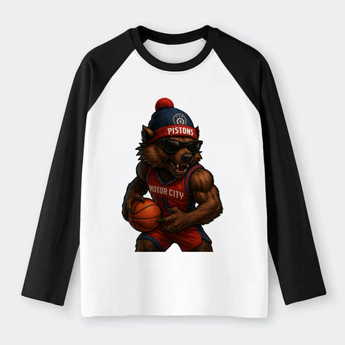 Motor City Wolverine wearing Pistons beanie with gear patch and - Raglan Long Sleeve T-Shirt