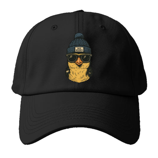 Iowa Goldfinch wearing Des Moines beanie with pom pom and wayfarer sunglasses - Baseball Cap - Black