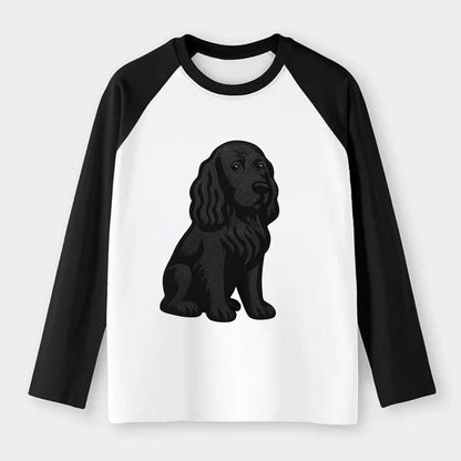 Field Spaniel - Black silky coat embroidered pose - Raglan Long Sleeve T-Shirt - Black