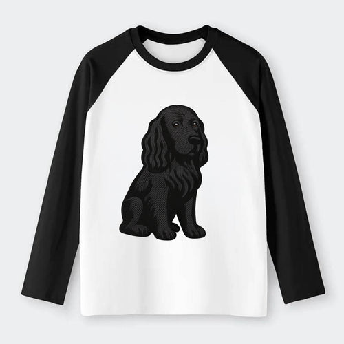 Field Spaniel - Black silky coat embroidered pose - Raglan Long Sleeve T-Shirt
