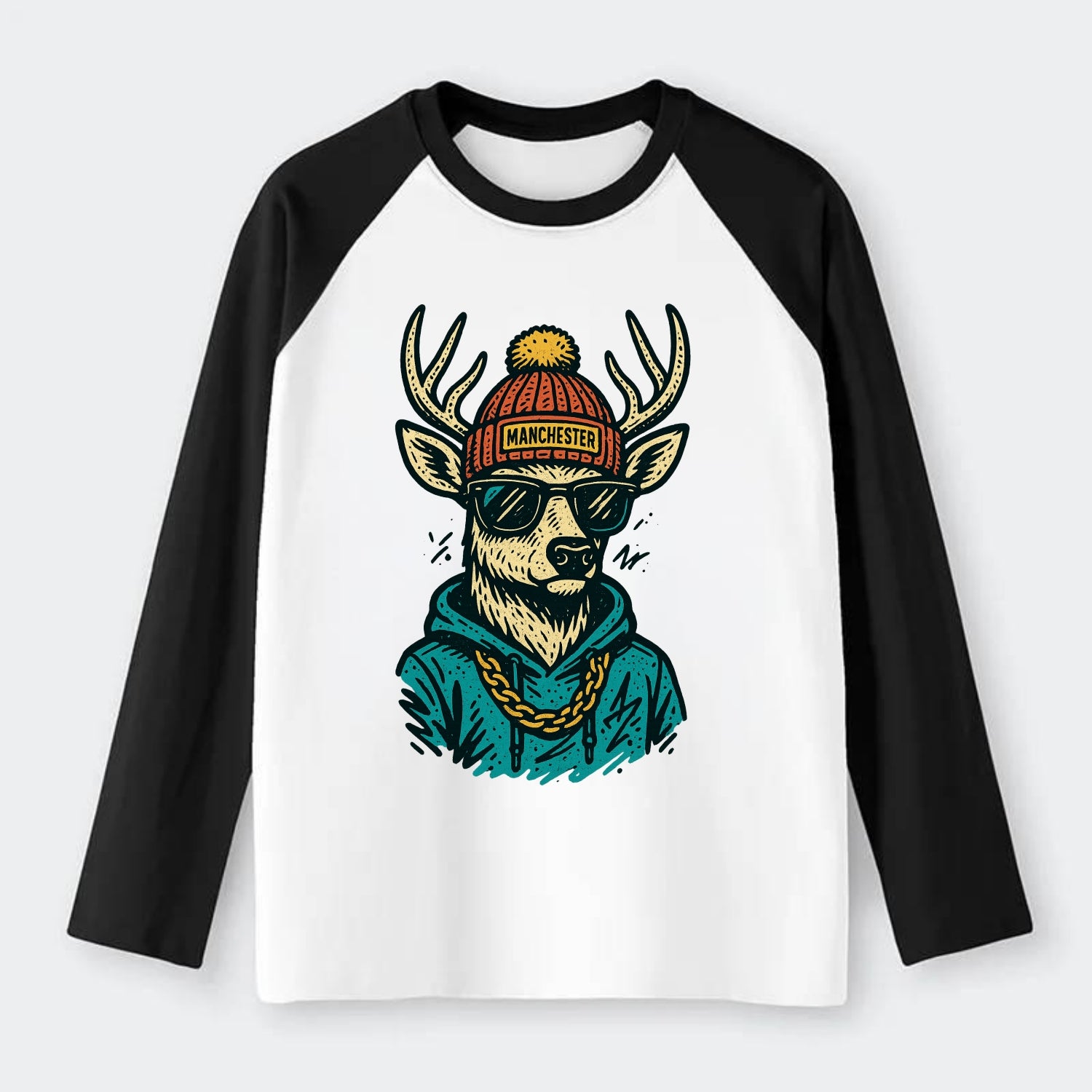 New Hampshire White-tailed Deer wearing Manchester beanie with pom pom - Raglan Long Sleeve T-Shirt - Black