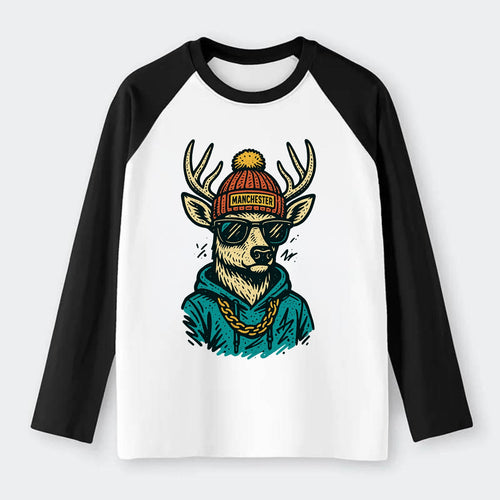 New Hampshire White-tailed Deer wearing Manchester beanie with pom pom - Raglan Long Sleeve T-Shirt
