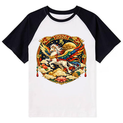 CELESTIAL HORSE | Heavenly horse among clouds and stars | Wings of - Contrast Raglan T-shirt - Black