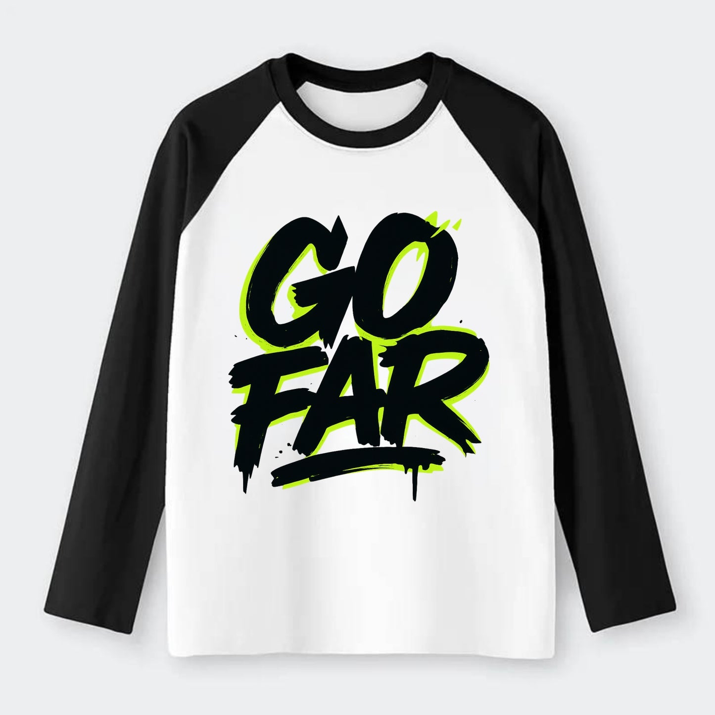 Bold typography design - "GO FAR" - distance goals, pushing limits - Raglan Long Sleeve T-Shirt - Black