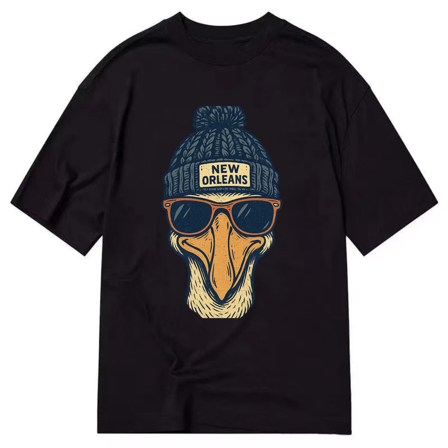 New Orleans Pelican wearing New Orleans beanie with pom pom and wayfarer - Classic T-shirt - Black