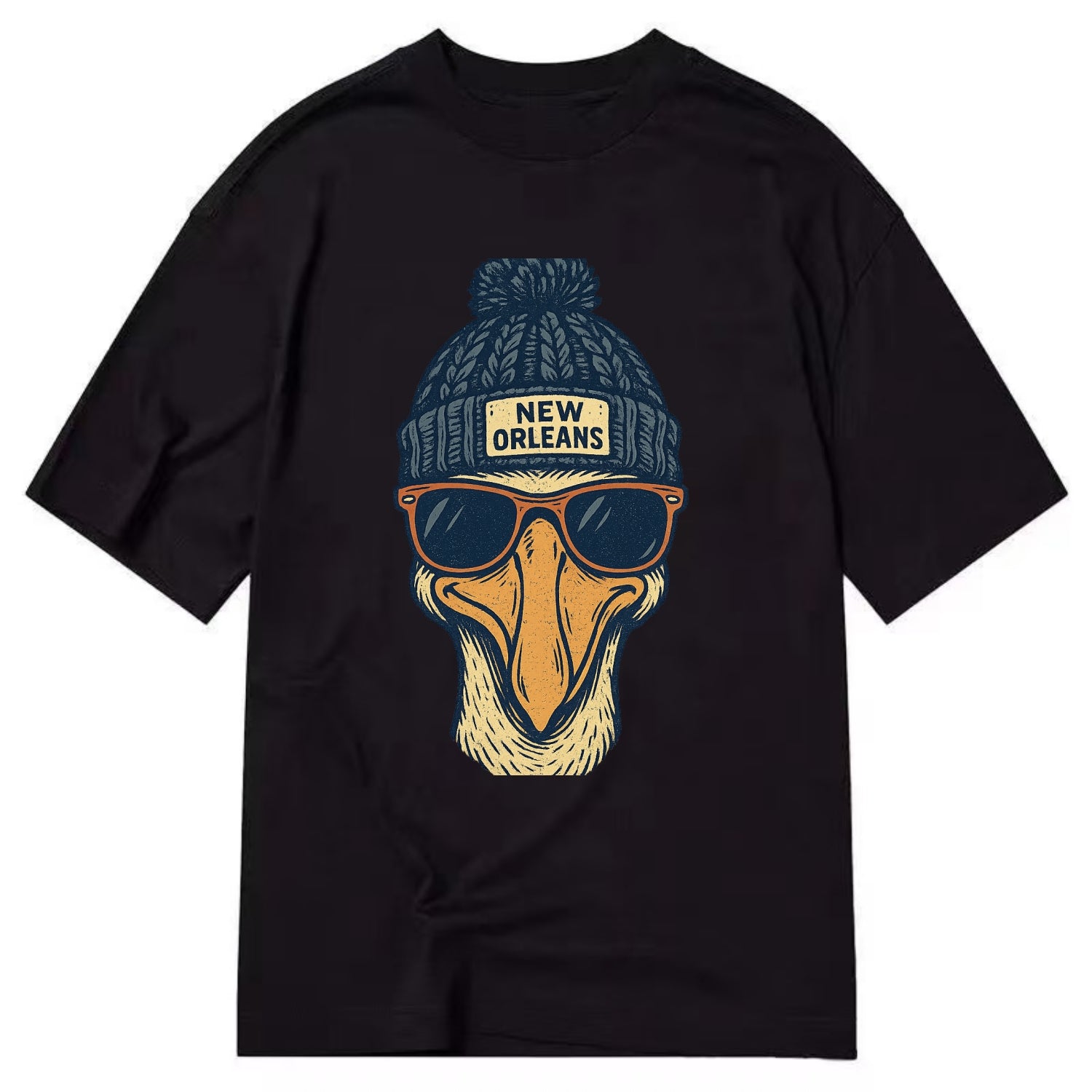 New Orleans Pelican wearing New Orleans beanie with pom pom and wayfarer - Classic T-shirt - Black
