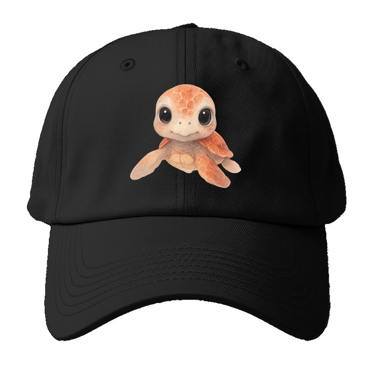 Baby Loggerhead Turtle - reddish-brown shell, big round dark eyes, - Baseball Cap For Big Heads - Black