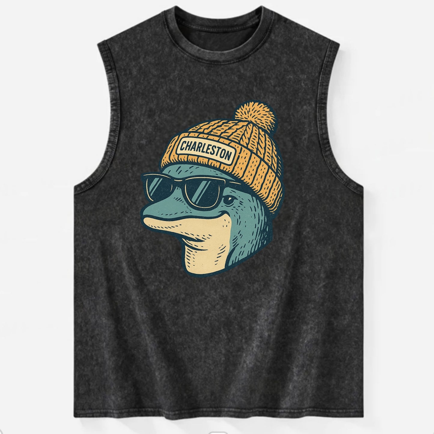 Charleston Dolphin wearing Charleston beanie with pom pom and wayfarer - Vintage Washed Tank - Black