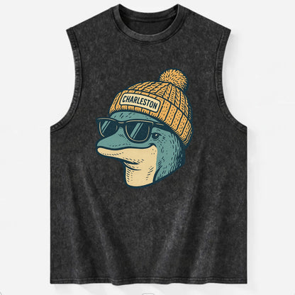 Charleston Dolphin wearing Charleston beanie with pom pom and wayfarer - Vintage Washed Tank - Black