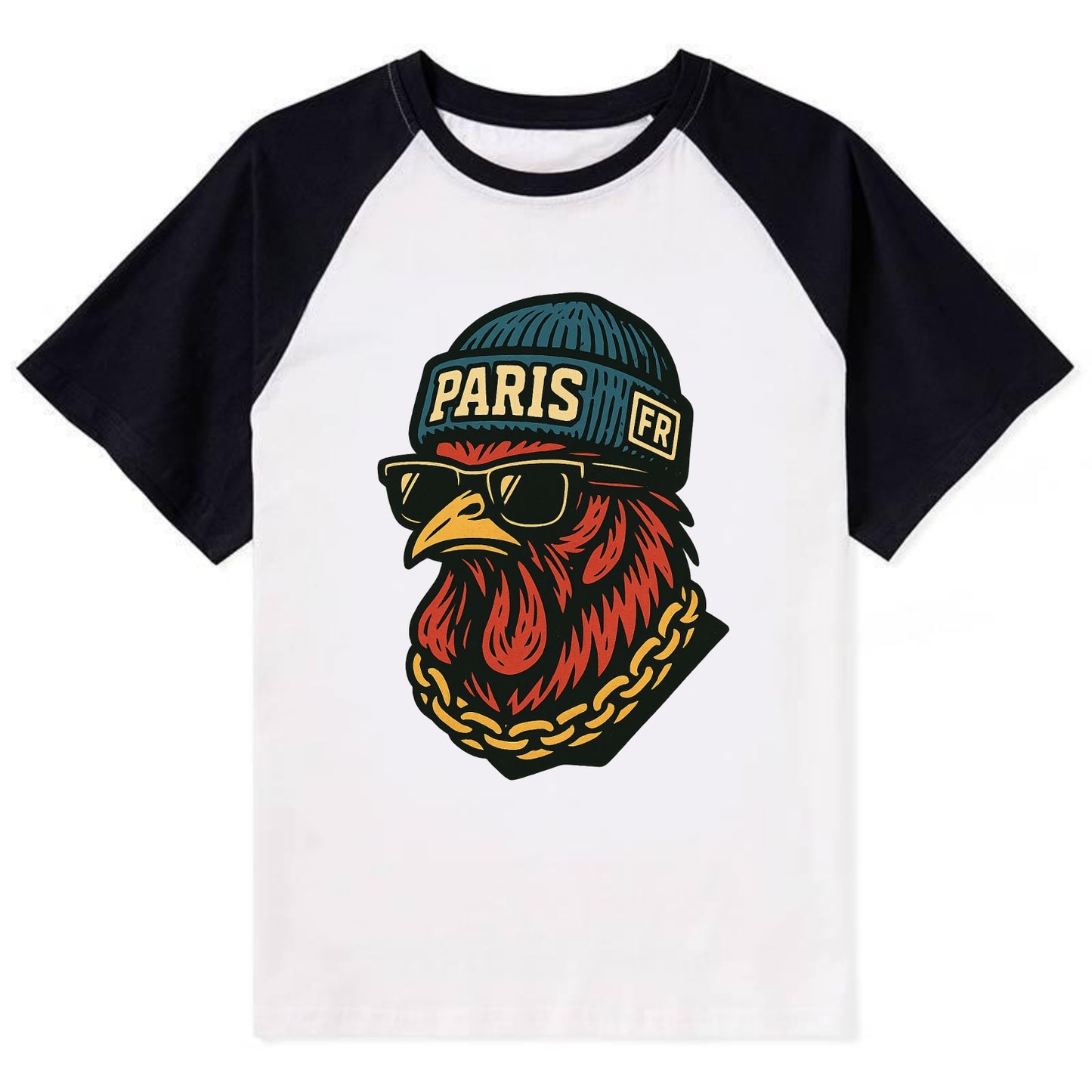 Paris Rooster - Contrast Raglan T-shirt - Black