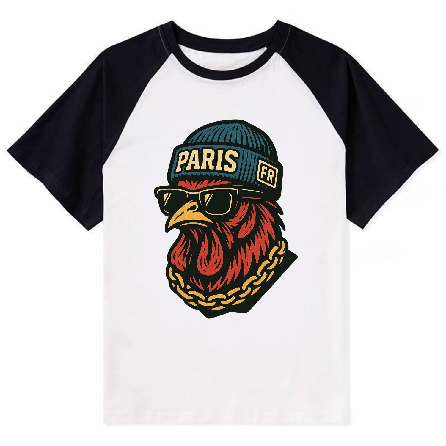 Paris Rooster - Contrast Raglan T-shirt - Black