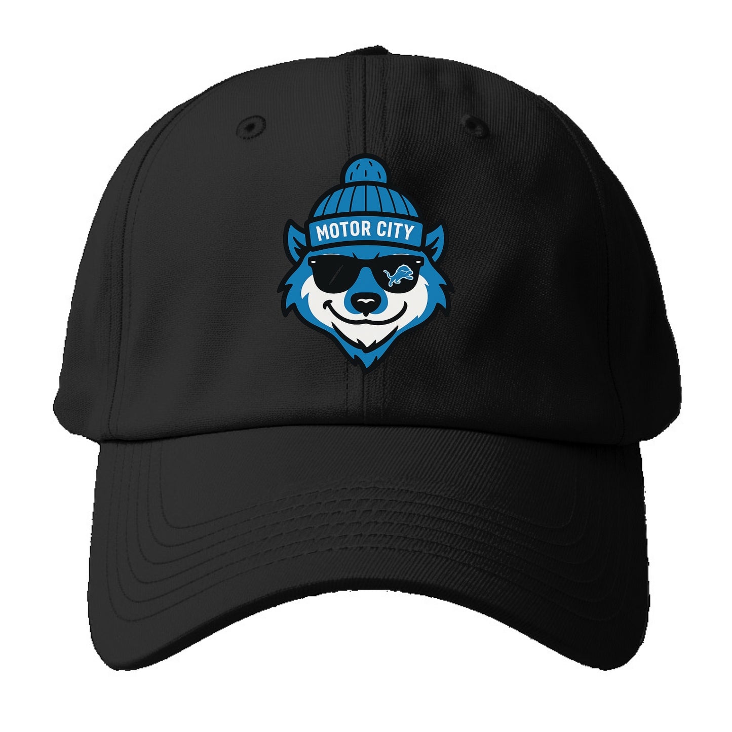 Motor City Wolverine wearing Lions beanie with gear patch and wayfarer - Baseball Cap For Big Heads - Black