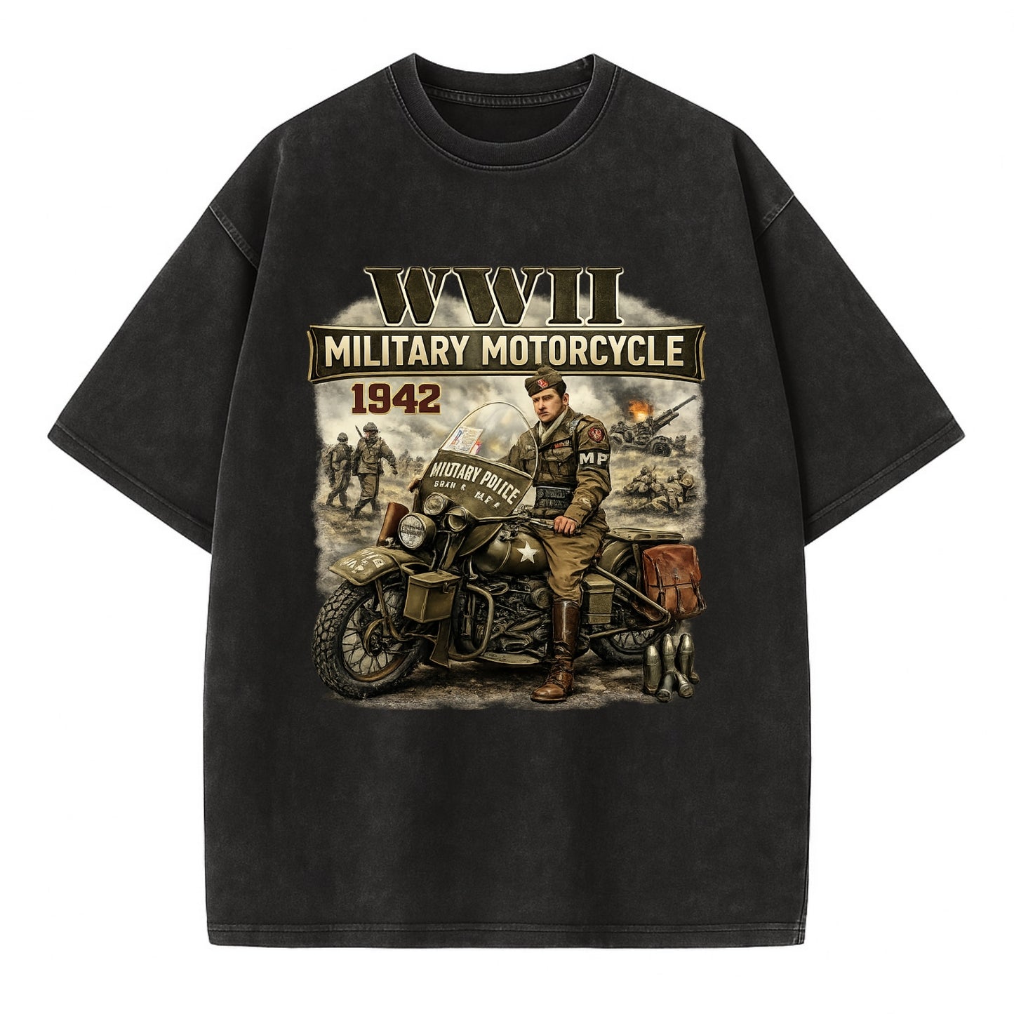 Wwii Military Motorcycle 1942 - Vintage T-shirt - Black