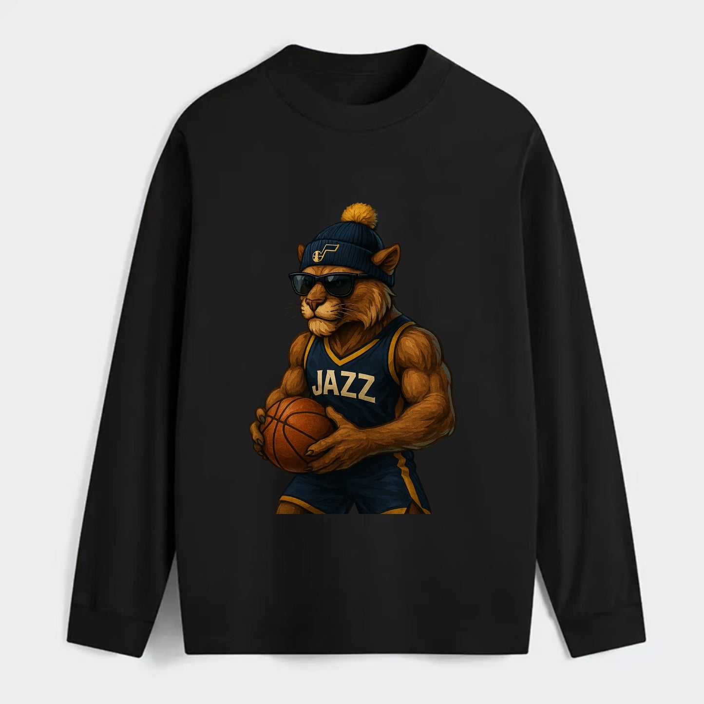Utah Mountain Lion wearing Jazz navy and yellow beanie with music note - Classic Long Sleeve Shirt - Black