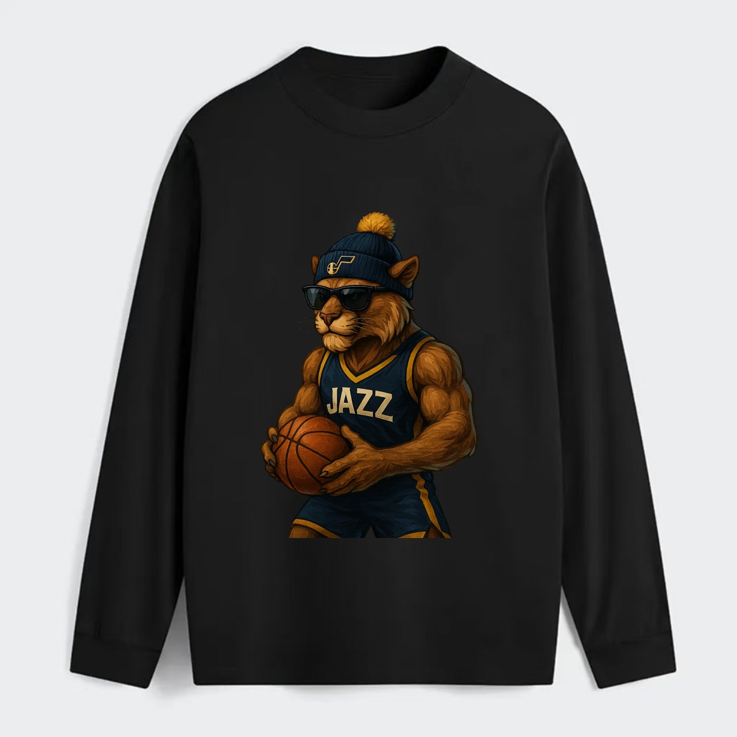 Utah Mountain Lion wearing Jazz navy and yellow beanie with music note - Classic Long Sleeve Shirt - Black