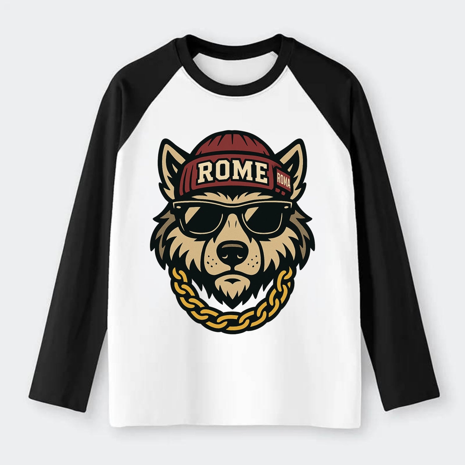 Rome Wolf - Raglan Long Sleeve T-Shirt - Black