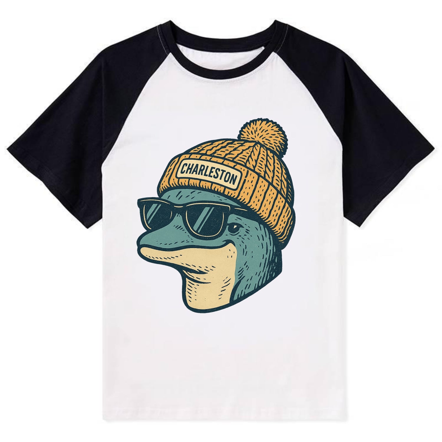 Charleston Dolphin wearing Charleston beanie with pom pom and wayfarer - Contrast Raglan T-shirt - Black