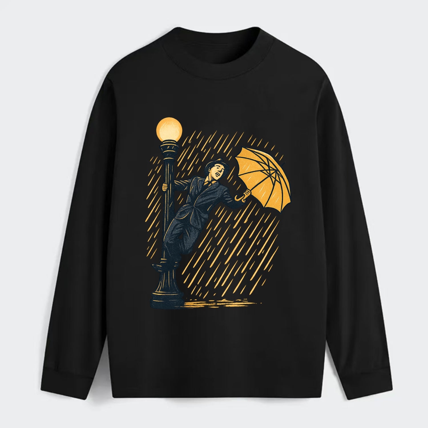 joyful dancing on lamppost in heavy rain with big smile - Classic Long Sleeve Shirt - Black