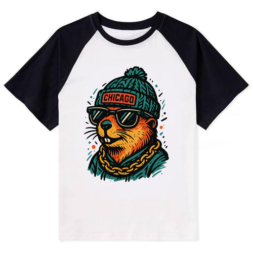 Illinois Prairie Dog wearing Chicago beanie with pom pom and wayfarer - Contrast Raglan T-shirt