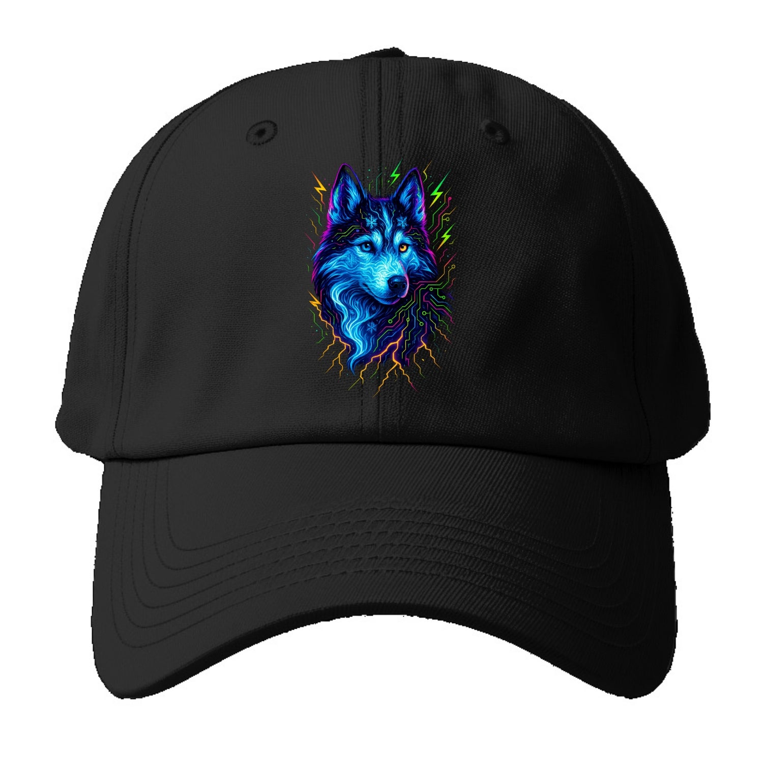 Siberian husky with ice-crystal flowing patterns, electric blue and - Baseball Cap For Big Heads - Black
